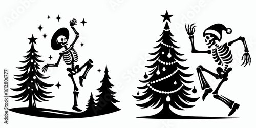 Skeleton dancing near tree Christmas Eve. Cartoon Minimal Clipart Silhouette Vector Illustration Line Art Illustration. Bony figure doing jig by conifer holiday night celebration.