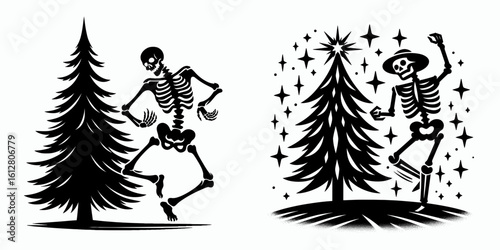 Skeleton dancing near tree Christmas Eve. Cartoon Minimal Clipart Silhouette Vector Illustration Line Art Illustration. Bony figure jig evergreen holiday night.
