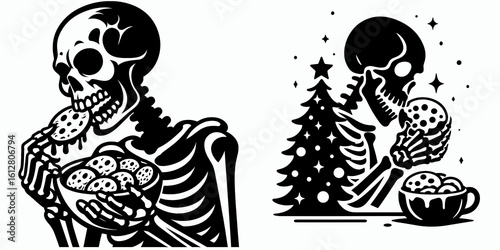 Skeleton eating holiday cookies Christmas Eve. Cartoon Minimal Clipart Silhouette Vector Illustration Line Art Illustration. Bone structure devouring festive treat yuletide before morning.