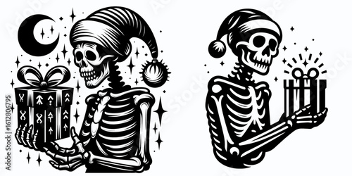 Skeleton giving holiday gift Christmas Eve. Cartoon Minimal Clipart Silhouette Vector Illustration Line Art Illustration. Bony figure offering yuletide present winter night celebration.