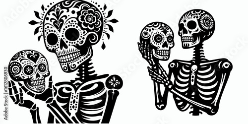 Skeleton holding sugar skull Day of the Dead. Cartoon Minimal Clipart Silhouette Vector Illustration Line Art Illustration. Bony figure with candy head dia de los muertos festive theme.