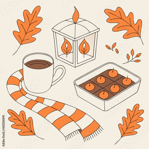 Cozy autumn vibes illustration with coffee scarf leaves lantern and apple dessert for fall season design