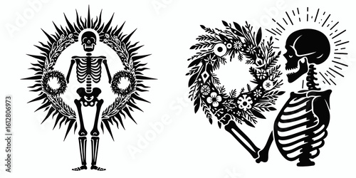 Skeleton holding winter wreath Solstice. Cartoon Minimal Clipart Silhouette Vector Illustration Line Art Illustration. Bony figure with holiday garland yuletide celebration seasonal.