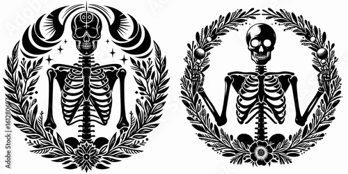 Skeleton holding winter wreath Solstice. Cartoon Minimal Clipart Silhouette Vector Illustration Line Art Illustration. Bony figure with seasonal garland for the years shortest day.