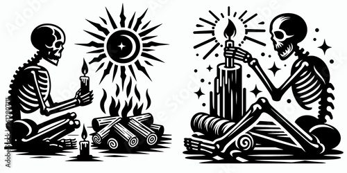 Skeleton lighting yule log Winter Solstice. Cartoon Minimal Clipart Silhouette Vector Illustration Line Art Illustration. Spooky illuminations for festive at darkest day of year celebration.