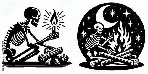Skeleton lighting yule log Winter Solstice. Cartoon Minimal Clipart Silhouette Vector Illustration Line Art Illustration. Bone illumination holiday firewood seasonal celebration cold season.