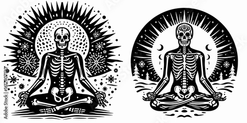 Skeleton meditating in snow Winter Solstice. Cartoon Minimal Clipart Silhouette Vector Illustration Line Art Illustration. Bone figure contemplation amid arctic ice during darkest day.