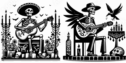 Skeleton playing guitar at altar Day of the Dead. Cartoon Minimal Clipart Silhouette Vector Illustration Line Art Illustration. Bone man strumming instrument shrine festivity remembrance.