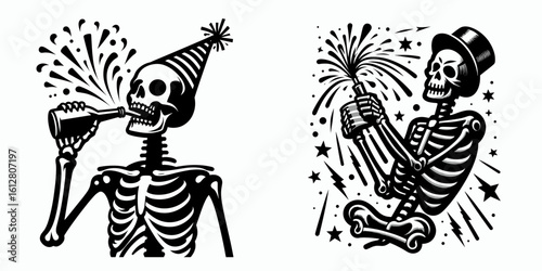 Skeleton popping party popper New Years Eve. Cartoon Minimal Clipart Silhouette Vector Illustration Line Art Illustration. Bony figure launch novelty noisemaker festive countdown celebration.