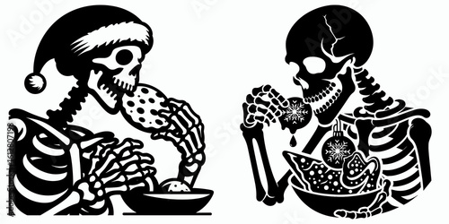 Skeleton preparing night tea Winter Solstice. Cartoon Minimal Clipart Silhouette Vector Illustration Line Art Illustration. Bone figure brewing evening beverage yuletide period preparation.