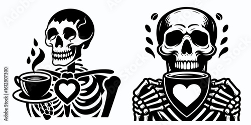 Skeleton showing coffee heart National Day. Cartoon Minimal Clipart Silhouette Vector Illustration Line Art Illustration. Bone figure revealing java affection for global drink holiday.