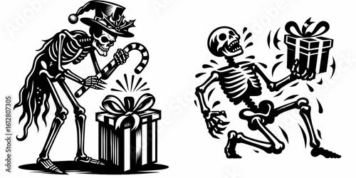 Skeleton shaking gift box Christmas Eve. Cartoon Minimal Clipart Silhouette Vector Illustration Line Art Illustration. Bony form jiggling parcel present xmas night holiday giving.