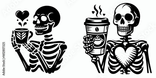 Skeleton showing coffee heart National Day. Cartoon Minimal Clipart Silhouette Vector Illustration Line Art Illustration. Bone structure displaying java affection for worldwide caffeine.