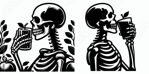 Skeleton sipping cider Fall Equinox. Cartoon Minimal Clipart Silhouette Vector Illustration Line Art Illustration. Bony figure drinking fruit juice autumn equinox holiday fun event.