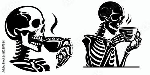 Skeleton sipping coffee National Day. Cartoon Minimal Clipart Silhouette Vector Illustration Line Art Illustration. Bony figure enjoying joe at home holiday for java lover daily caffeine.
