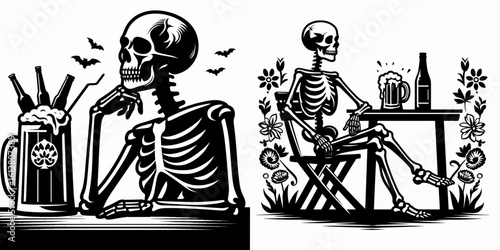 Skeleton sitting at beer table Oktoberfest. Cartoon Minimal Clipart Silhouette Vector Illustration Line Art Illustration. Bony figure enjoys brew party fall german festival event wooden.