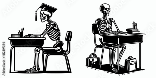 Skeleton sitting at school desk Back to School. Cartoon Minimal Clipart Silhouette Vector Illustration Line Art Illustration. Bony figure scholar tabletop education kickoff start academic.