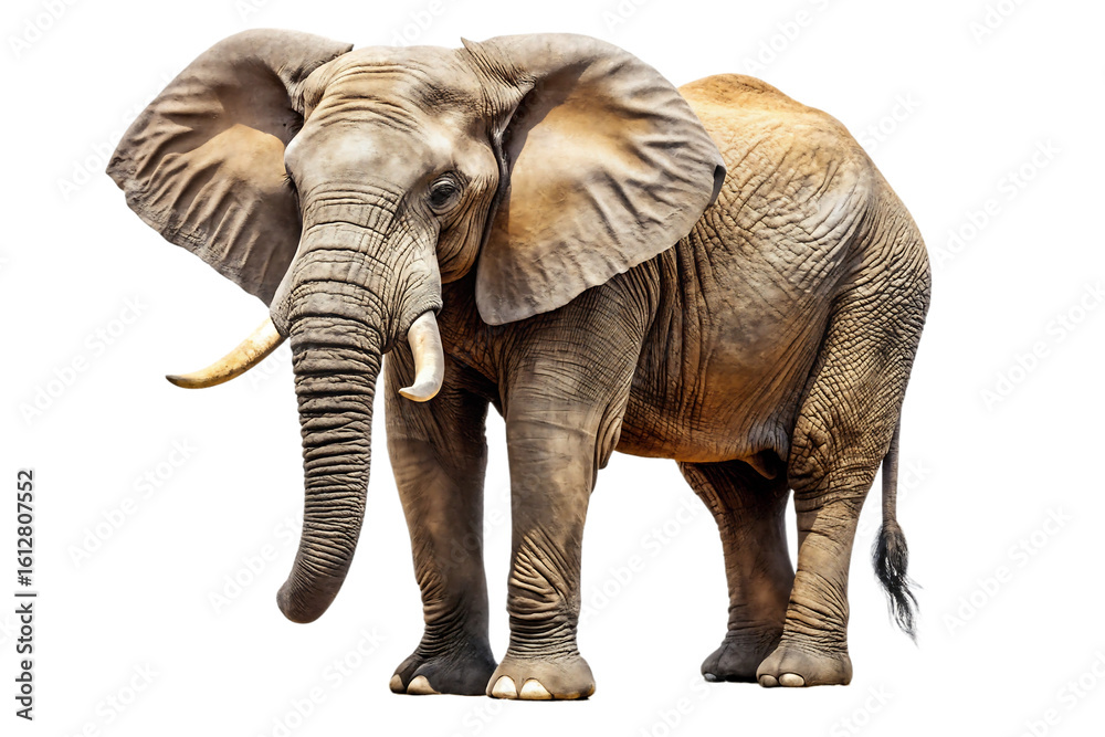 Fototapeta premium Majestic african elephant stands proudly against a stark black background showcasing its immense size and texture