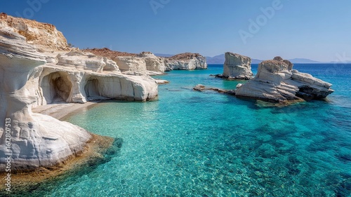 Beautiful turquoise waters of Sarakiniko, Milos, Greece, image with copyspace and no people, travel concept, incredible views