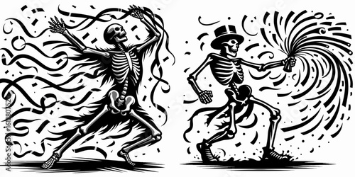 Skeleton throwing streamers New Years Eve. Cartoon Minimal Clipart Silhouette Vector Illustration Line Art Illustration. Bony figure launches ribbon happy year celebration decoration.