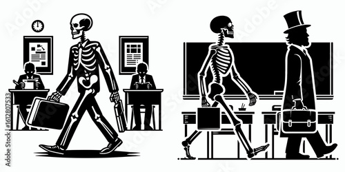 Skeleton walking to classroom Back School. Cartoon Minimal Clipart Silhouette Vector Illustration Line Art Illustration. Bony figure stroll academy for education during new academic term.