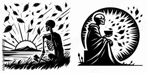Skeleton watching falling leaves Fall Equinox. Cartoon Minimal Clipart Silhouette Vector Illustration Line Art Illustration. Bony figure views autumn foliage seasonal change autumnal.