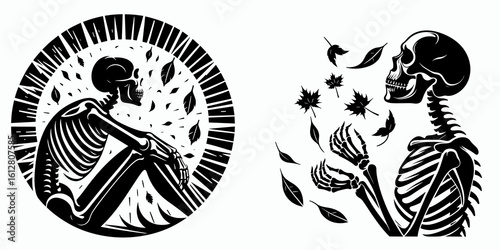 Skeleton watching falling leaves Fall Equinox. Cartoon Minimal Clipart Silhouette Vector Illustration Line Art Illustration. Bony figure observing autumn foliage seasonal change autumnal.