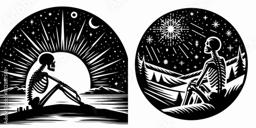 Skeleton watching night sky Winter Solstice. Cartoon Minimal Clipart Silhouette Vector Illustration Line Art Illustration. Bone figure observing dark heaven yearly solstice season holiday.