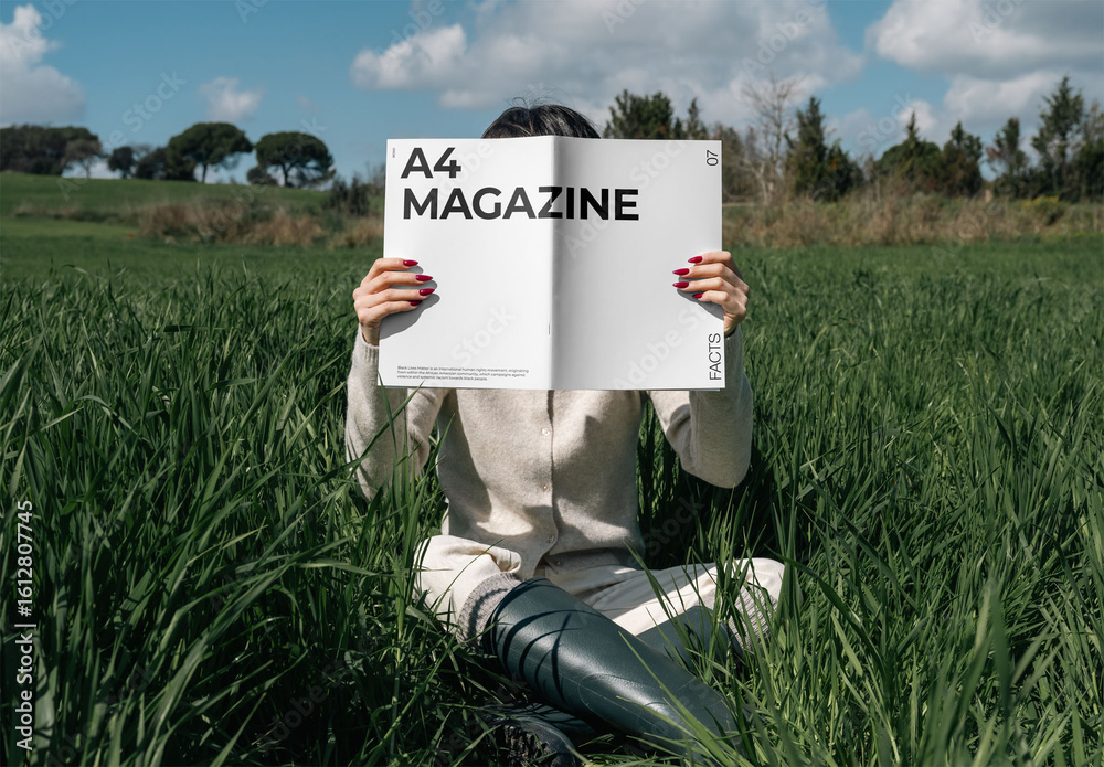 Mockup Of Woman Reading Customized A4 Magazine On Grass Stock Template ...
