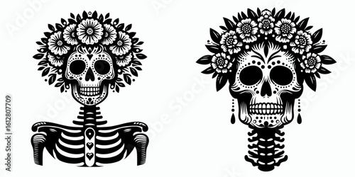 Skeleton wearing marigold crown Day of the Dead. Cartoon Minimal Clipart Silhouette Vector Illustration Line Art Illustration. Bony figure with bloom headwear Mexican holiday remembrance.