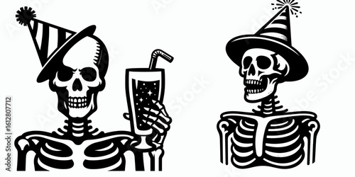 Skeleton wearing party hat New Years Eve. Cartoon Minimal Clipart Silhouette Vector Illustration Line Art Illustration. Bony figure celebrates holiday with festive headwear at calendar.