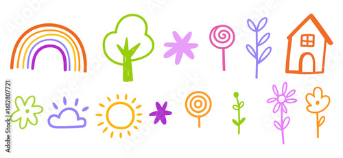 Whimsical hand drawn doodle elements featuring rainbows trees flowers sun clouds and a house