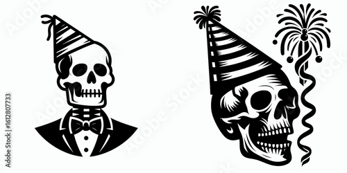 Skeleton wearing party hat New Years Eve. Cartoon Minimal Clipart Silhouette Vector Illustration Line Art Illustration. Bony figure celebrates holiday in headgear at annual midnight.