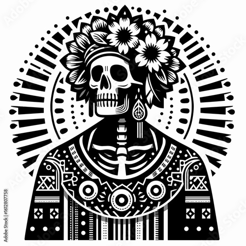 Skeleton wearing traditional shawl Indigenous Peoples Day. Cartoon Minimal Clipart Silhouette Vector Illustration Line Art Illustration. Bony figure in ethnic wrap a holiday honor.