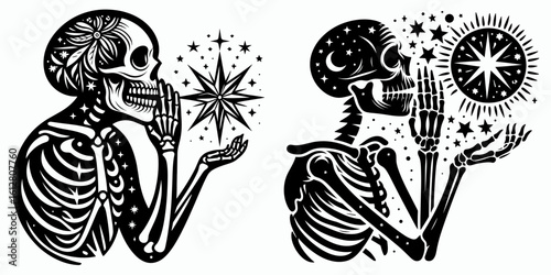 Skeleton whispering wish to star Winter Solstice. Cartoon Minimal Clipart Silhouette Vector Illustration Line Art Illustration. Bony figure voicing hope toward celestial body yule season.