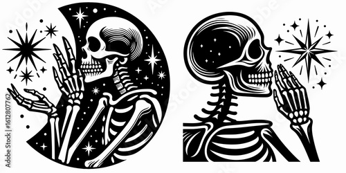 Skeleton whispering wish to star Winter Solstice. Cartoon Minimal Clipart Silhouette Vector Illustration Line Art Illustration. Bone figure sharing hope shine yuletide astronomy night.