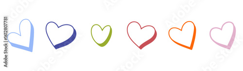 A horizontal line of six hand drawn hearts in various bright colors 