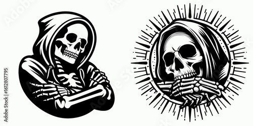 Skeleton wrapping warm blanket Winter Solstice. Cartoon Minimal Clipart Silhouette Vector Illustration Line Art Illustration. Bony figure in cozy cover on coldest night yuletide event.
