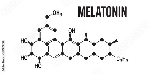 Illustration of a melatonin chemical structure with its name displayed on a white background