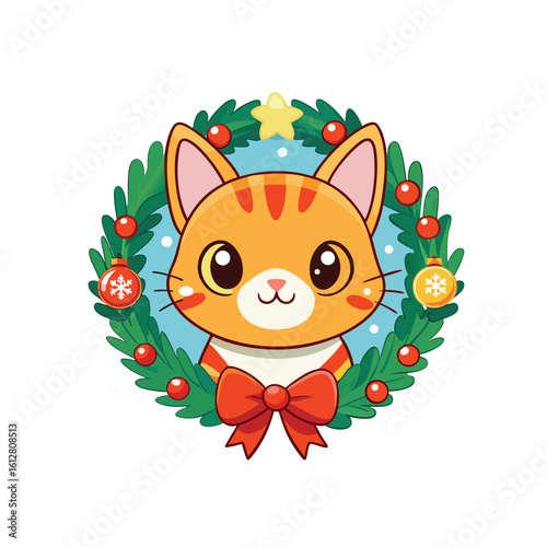 knitting cat, Christmas card with cat decorative elements for your design