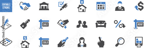 Real Estate and Property Icons – House, Building, Rent, Buy, Sale, Home, Property, Real Estate, Investment, Agent, Deal, Land, Construction, Location, Office, Vector, Line Art, Icon Set