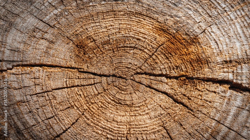 Fototapeta premium The round cross-section of a tree trunk showcases intricate growth rings and visible cracks, highlighting the natural aging process of the wood. This close-up reveals rich textures.