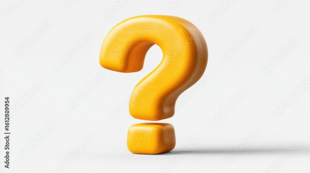 Naklejka premium A bright yellow question mark stands prominently on a white backdrop, evoking a sense of inquiry and wonder. The simple design draws attention to the concept of curiosity.