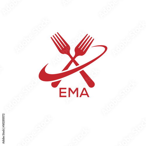 Modern EMA Fork Logo Design for Restaurant or Food Business Branding. EMA Letter Logo.
