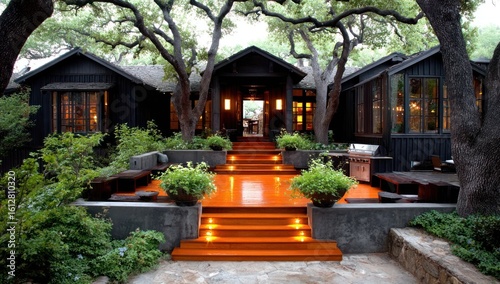 Wooded home entrance with layered patio steps leading up to a dark house framed by trees and bushes, bathed in the soft glow of evening light