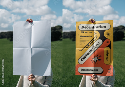 Mockup Of Woman With Vertical Customized A2 Poster Over Face