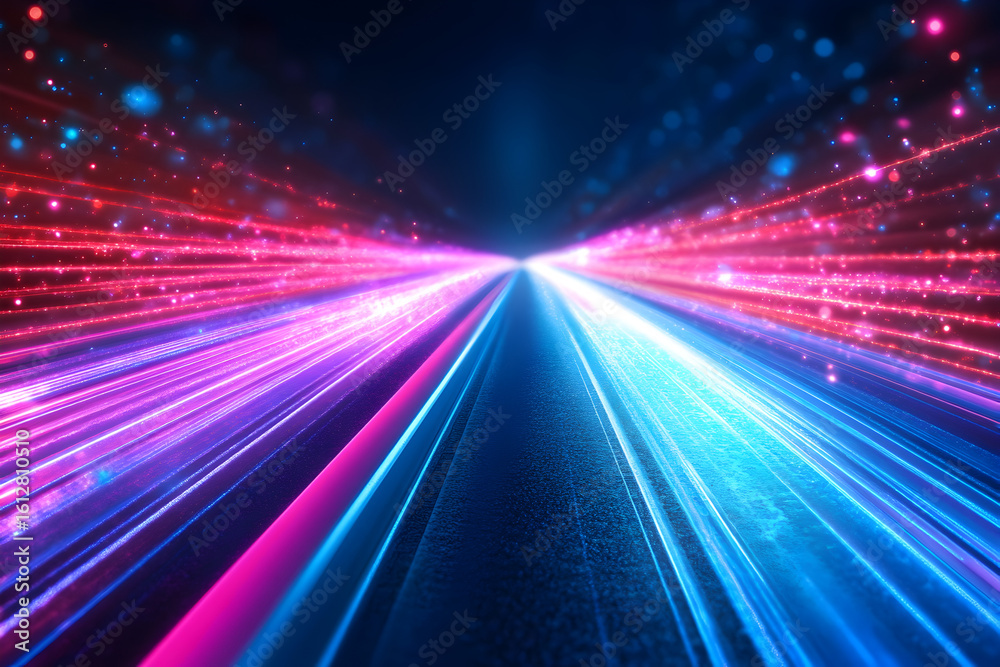 Obraz premium Bright luminous streaks symbolizing accelerated technology motion on roadways framed by a striking dual-tone blue and pink gradient background, emphasizing speed and innovation