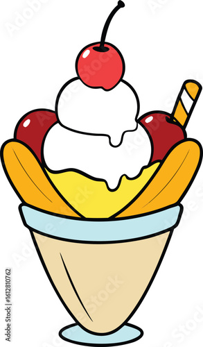 Delicious banana split ice cream sundae with multiple scoops and sweet sauces