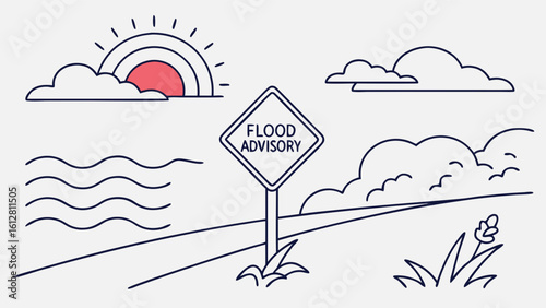 Minimalist Flood Advisory Sign Illustration with Weather and Water Elements