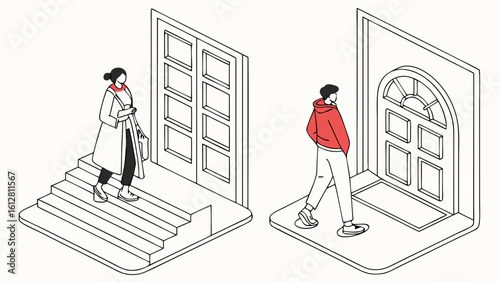 Isometric Illustration of People Entering and Exiting Buildings. Minimalist Line Art Design with Man and Woman at Doorways, Symbolizing Arrival, De...